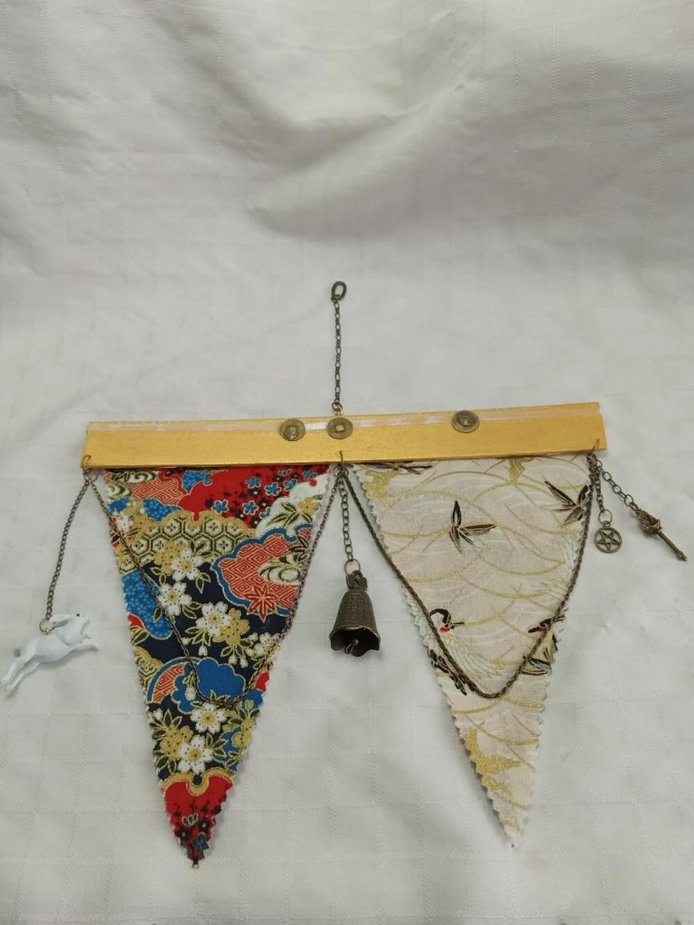 8-A reversible, handmade hanging banner made with fabric, chains, charms & coins